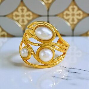 18K Gold Plated Adjustable Ring With Faux Pearls Artistic Trendy Swirl Design